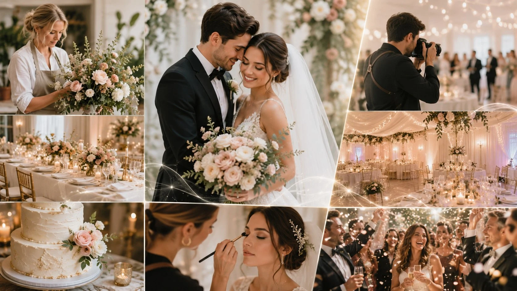 Wedding montage showing florist, couple, photographer, venue, cake, makeup and reception